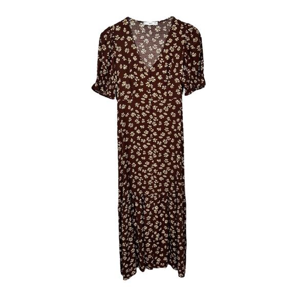 Mango MNG Brown Floral Print Midi Dress 2 Button Front Cottage Dainty Retro - Picture 3 of 9